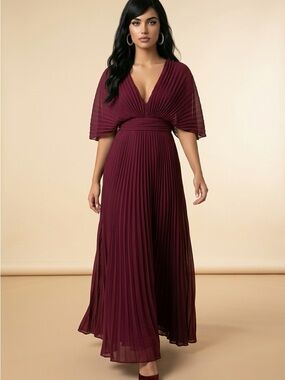 Pleated V-Neck Maxi Dress in Burgundy